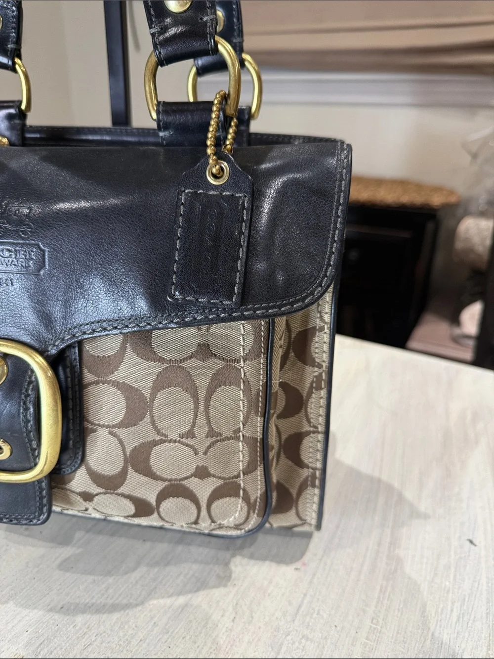 Y2K Large Coach Bleeker Buckle Flap Signature Canvas and Leather Shopper Tote